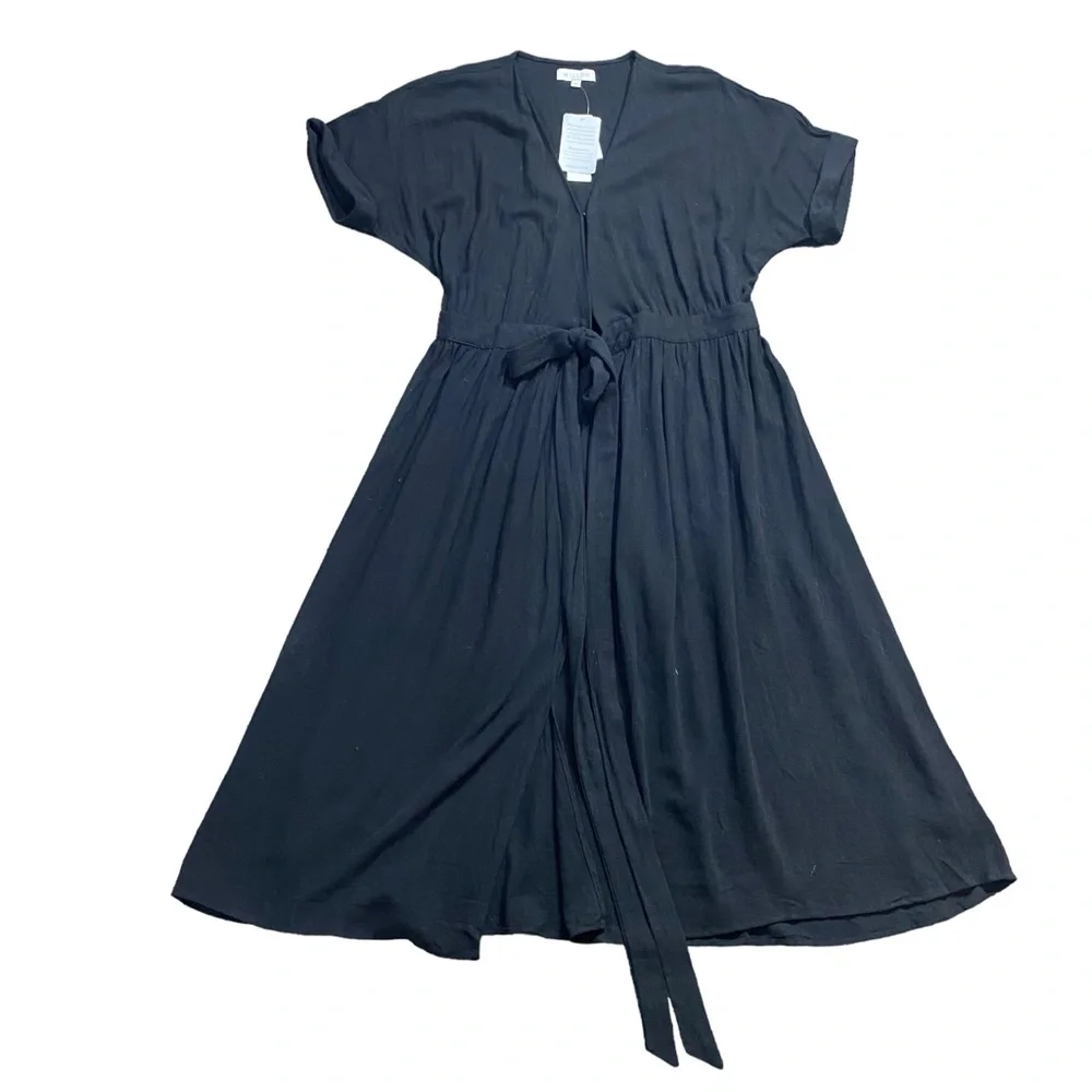 WILLOW Anthropologie Womens Wrap Dress Midi Black short Sleeve Size M Linen NEW - Picture 7 of 15
